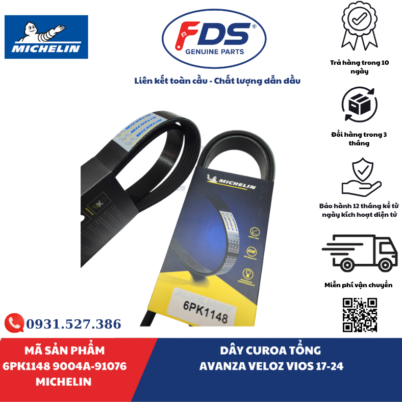 Công ty cổ phần xuất nhập khẩu FDS DÂY CUROA TỔNG TOYOTA AVANZA / VELOZ / VIOS (2017–2024) | MICHELIN 6PK1148 – MÃ 9004A-91076