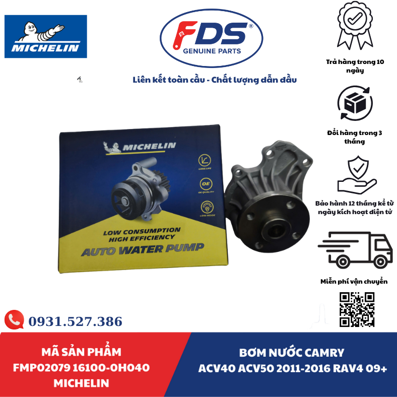 Công ty cổ phần xuất nhập khẩu FDS BƠM NƯỚC TOYOTA CAMRY ACV40 / ACV50 (2011–2016) – RAV4 (2009+) | MICHELIN FMP02079 – MÃ 16100-0H040