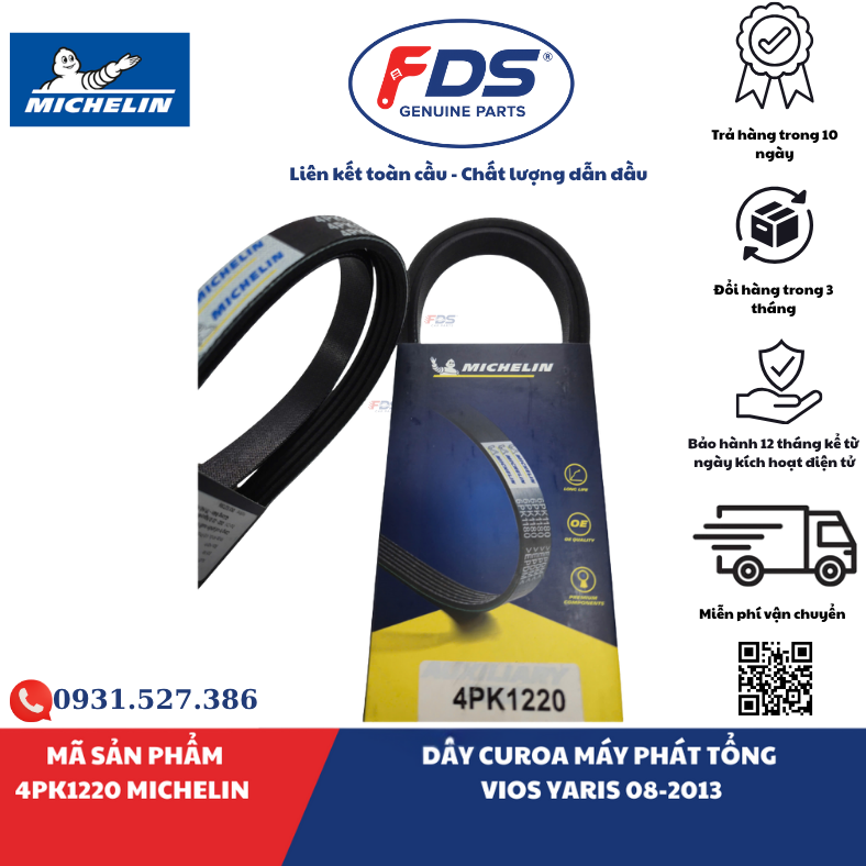 Công ty cổ phần xuất nhập khẩu FDS DÂY CUROA MÁY PHÁT / DÂY CUROA TỔNG TOYOTA VIOS – YARIS (2008–2013) | MICHELIN 4PK1220