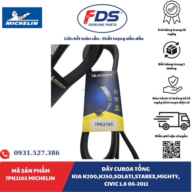 Công ty cổ phần xuất nhập khẩu FDS DÂY CUROA TỔNG KIA K200 / K250 – HYUNDAI SOLATI / STAREX / MIGHTY – HONDA CIVIC 1.8 | MICHELIN 7PK2165