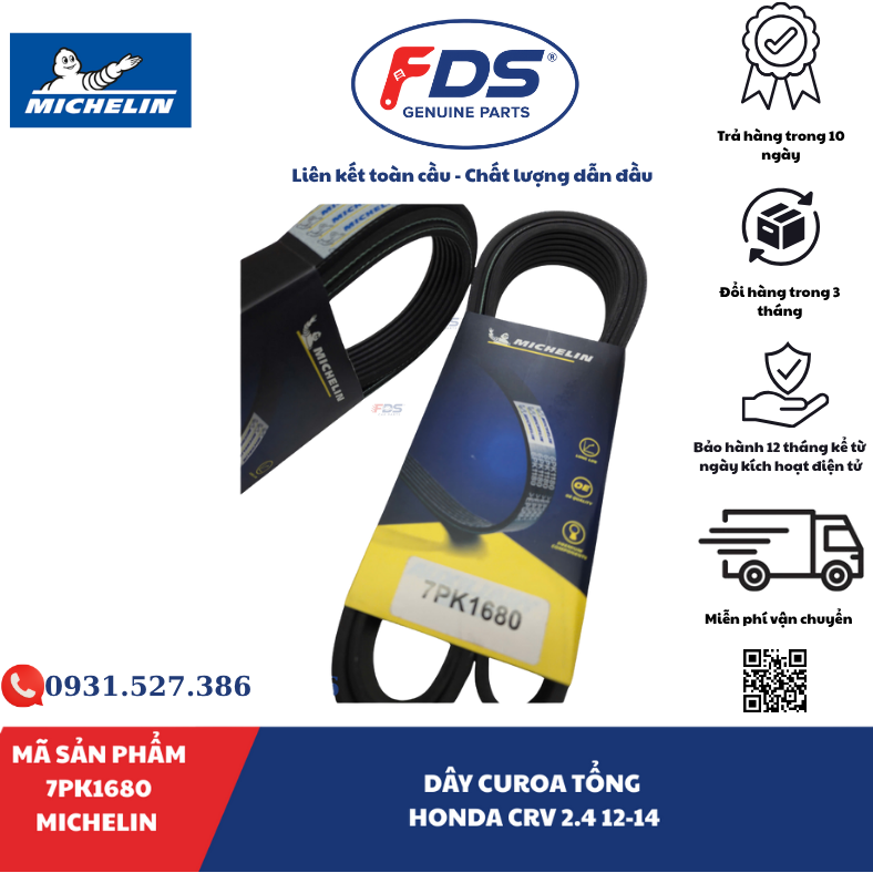 Công ty cổ phần xuất nhập khẩu FDS DÂY CUROA TỔNG HONDA CR-V 2.4 (2012–2014) | MICHELIN 7PK1680