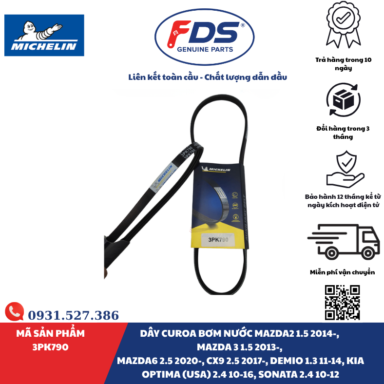 Công ty cổ phần xuất nhập khẩu FDS DÂY CUROA BƠM NƯỚC MAZDA / KIA / HYUNDAI | MICHELIN 3PK-790